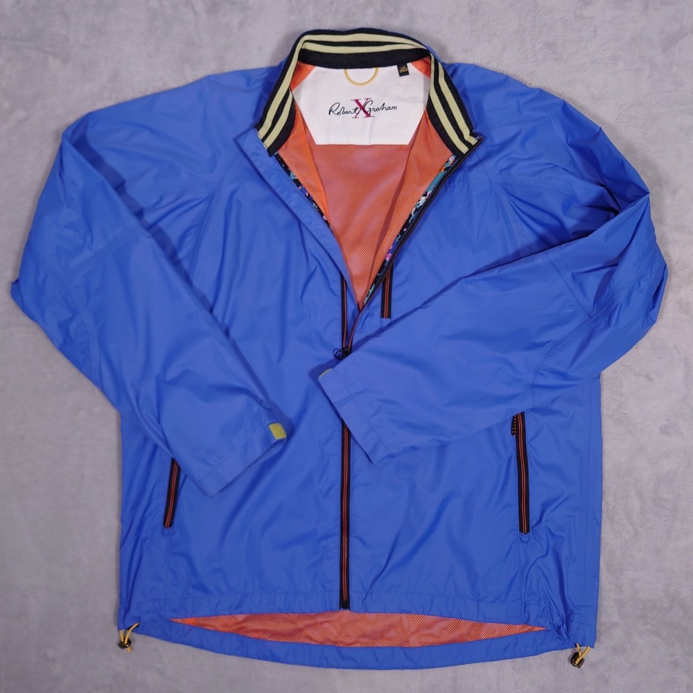 Robert Graham X Rain Jacket Men's Large Blue Nylon Full Zip Pockets Taped Seams